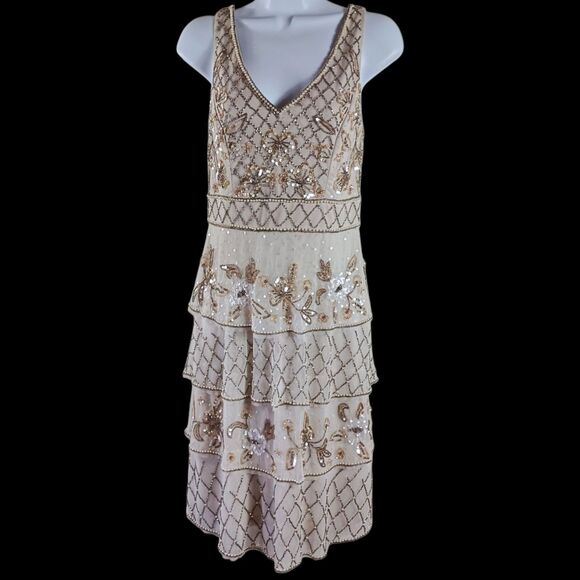 Adrianna Papell Art Deco Beaded Flapper Dress 2 | 20s Gatsby Tier Cocktail Gold - Picture 4 of 13